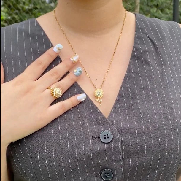 🌻 Set Collar Girasol Giratorio + Anillo Girasol · Bañado en Oro ✨