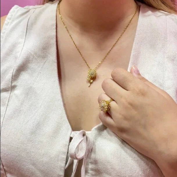 🌻 Set Collar Girasol Giratorio + Anillo Girasol · Bañado en Oro ✨