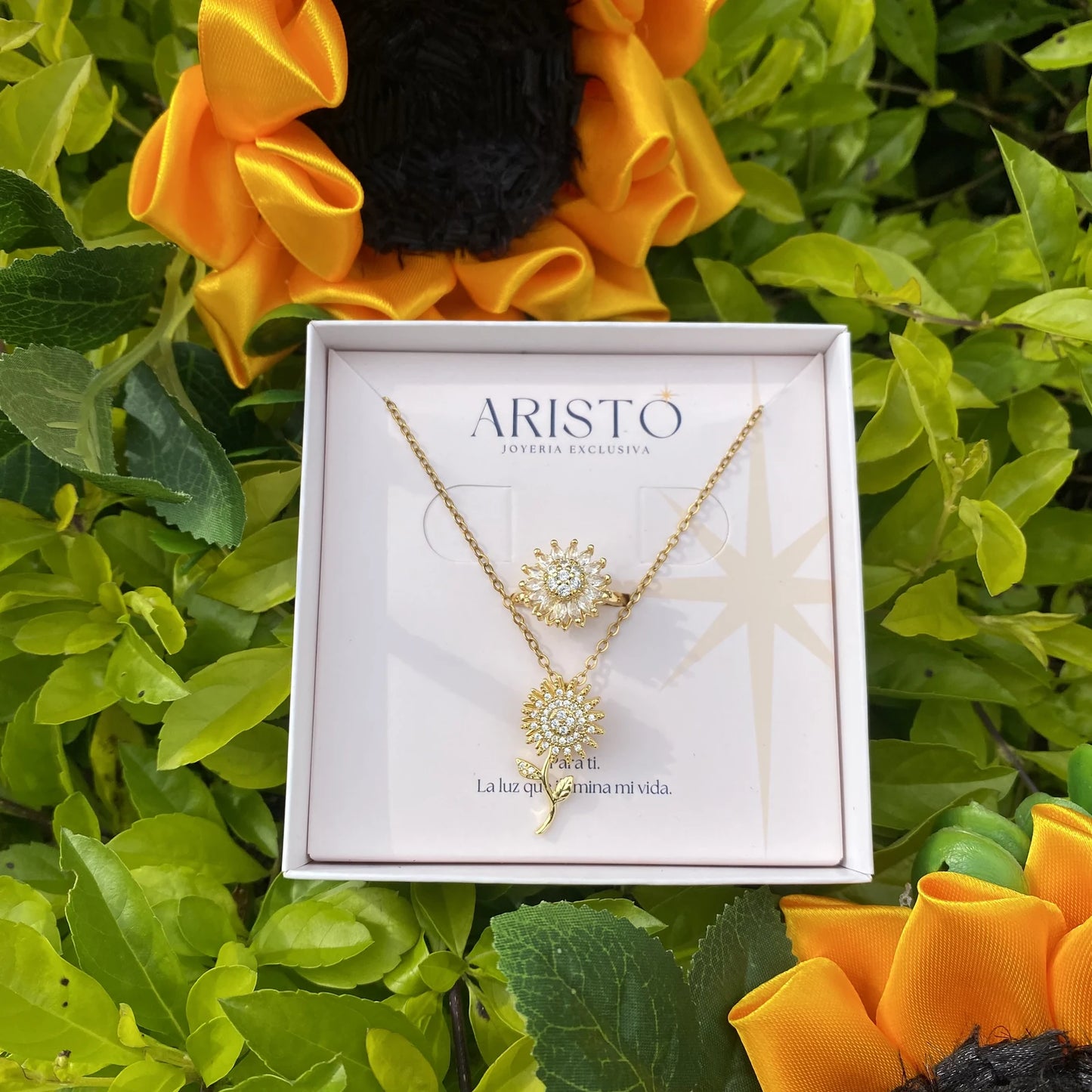 🌻 Set Collar Girasol Giratorio + Anillo Girasol · Bañado en Oro ✨